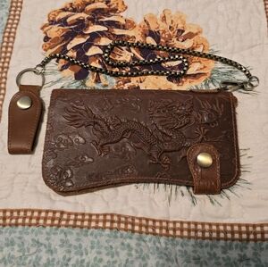 Brown Leather Dragon Embossed Wallet with Chain